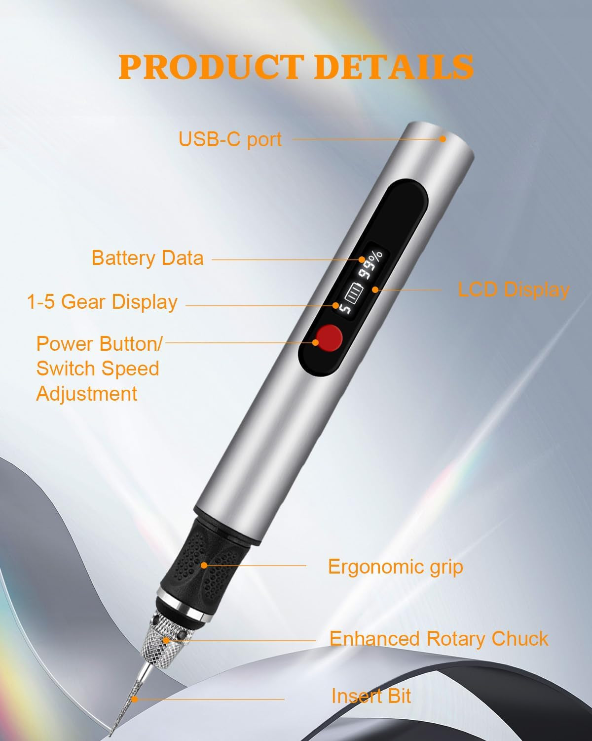 Cordless Engraving Pen with LCD Display & Anti-Slip Grip,31 Bits & 5 Speeds, Electric Engraving Tool Kit for All Materials,Gifts for Artists, Diyers, Beginner, Silver