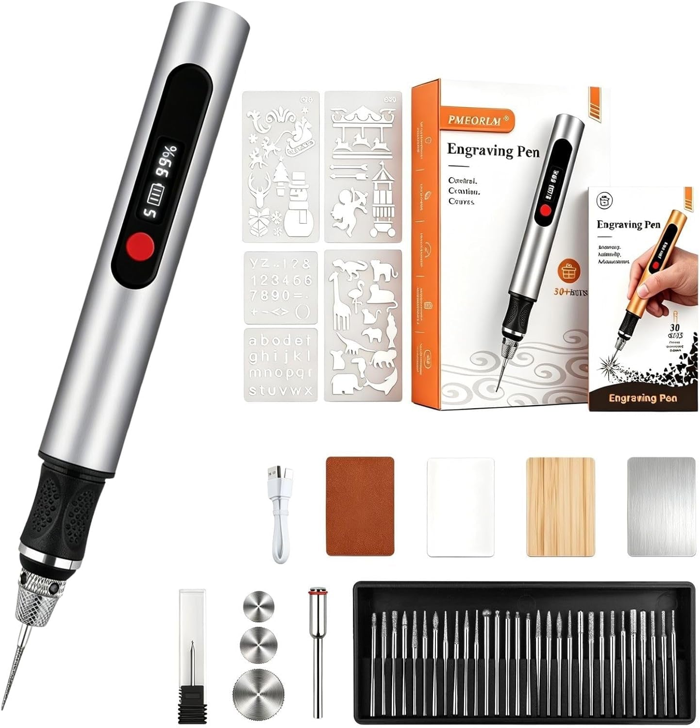 Cordless Engraving Pen with LCD Display & Anti-Slip Grip,31 Bits & 5 Speeds, Electric Engraving Tool Kit for All Materials,Gifts for Artists, Diyers, Beginner, Silver
