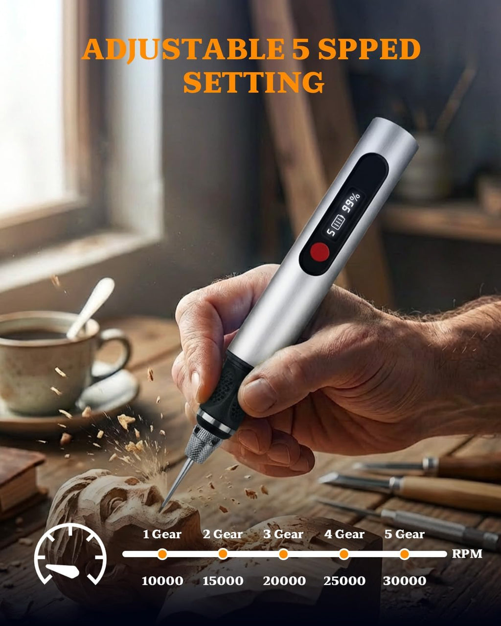 Cordless Engraving Pen with LCD Display & Anti-Slip Grip,31 Bits & 5 Speeds, Electric Engraving Tool Kit for All Materials,Gifts for Artists, Diyers, Beginner, Silver