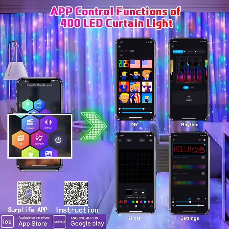 400 LED Smart Curtain Lights String Lights with App Remote Control Music Sync Christmas Curtain String Outdoor Fairy Lights