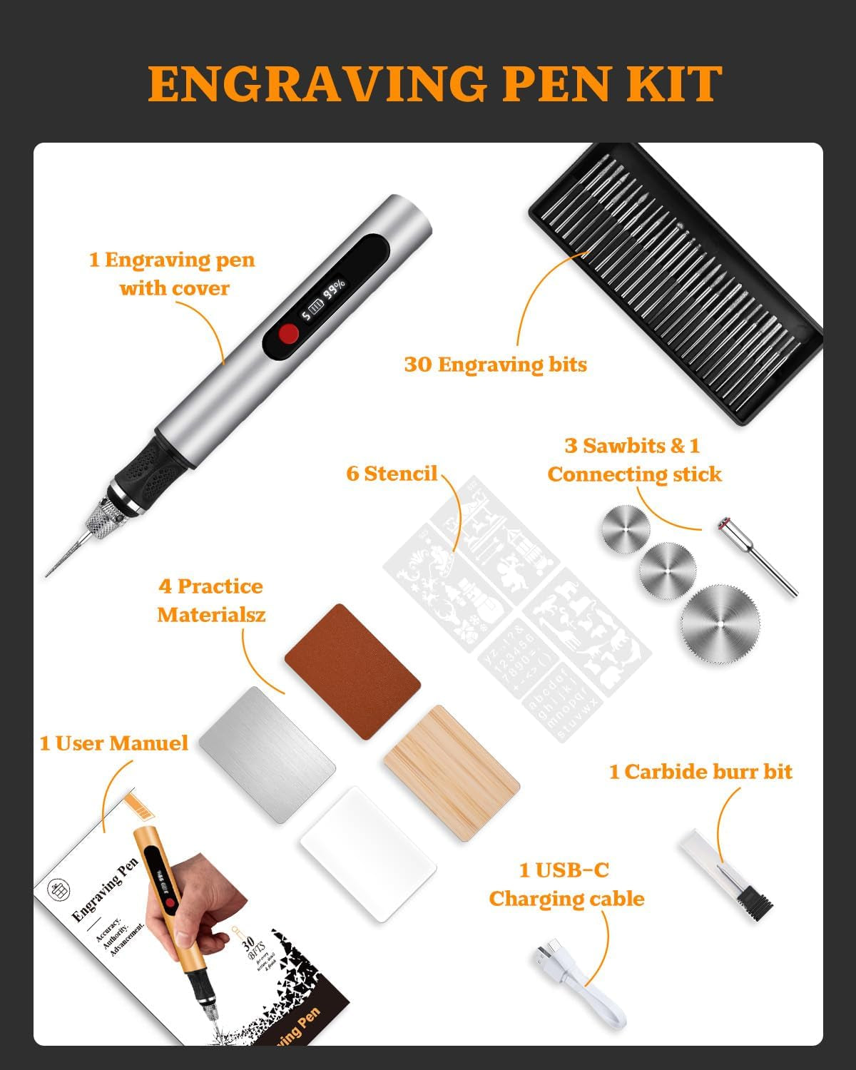 Cordless Engraving Pen with LCD Display & Anti-Slip Grip,31 Bits & 5 Speeds, Electric Engraving Tool Kit for All Materials,Gifts for Artists, Diyers, Beginner, Silver